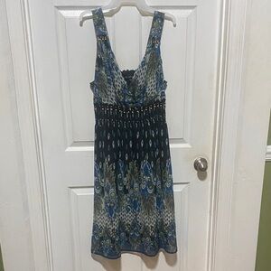 Chic Blue and Green Patterned Midi Dress